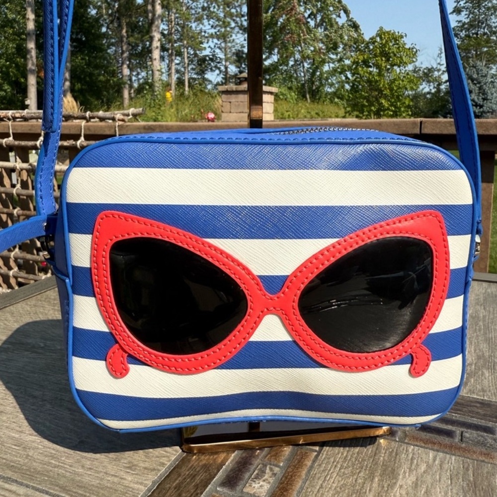 kate spade Blue and White Striped Crossbody with Red Sunglasses Applique